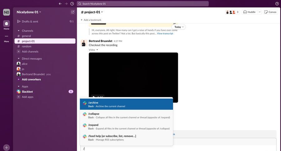 Slack
			messaging team activity feed command palette collaboration sidebar navigation project management call recording call transcript sidebar communication search suggestions suggestion transcript ui page example