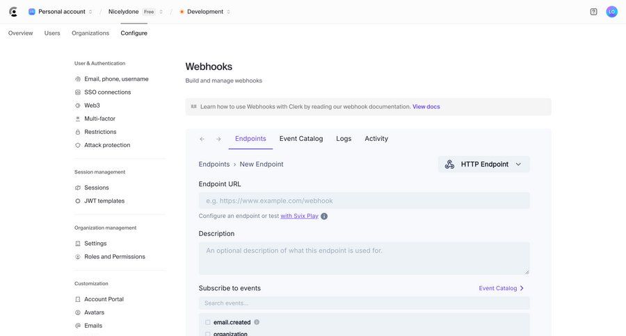 Clerk
			 configuration sidebar navigation form user permissions create setup integration webhook management ui page example