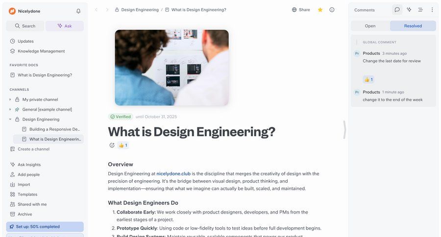 Slite
			 design progress tracking document sharing knowledge base right sidebar article documentation ui page example