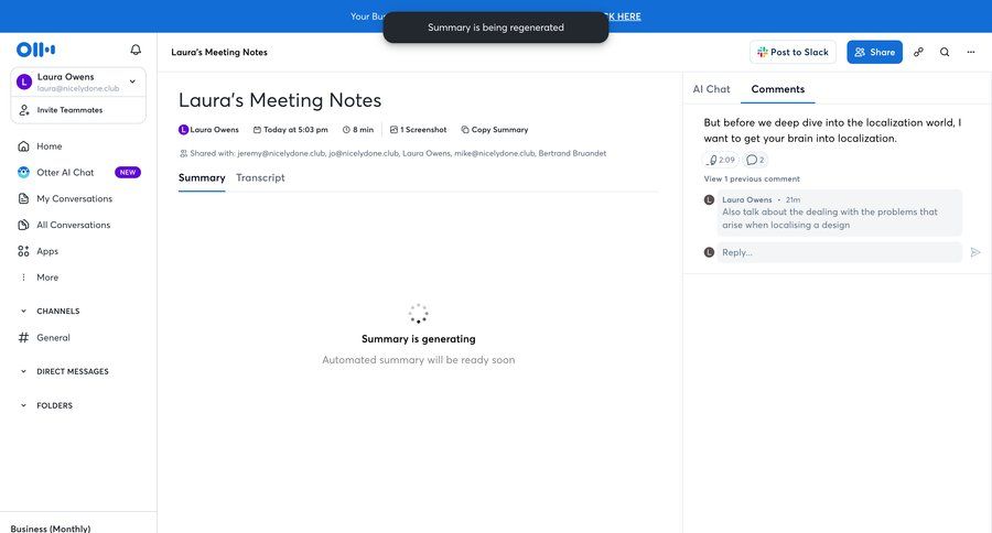 Otter
			 collaboration sidebar menu progress loading loader tips review meeting summary transcript localization sharing ui page example