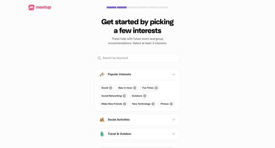 Meetup
			 onboarding progress indicator career accordion ui page example