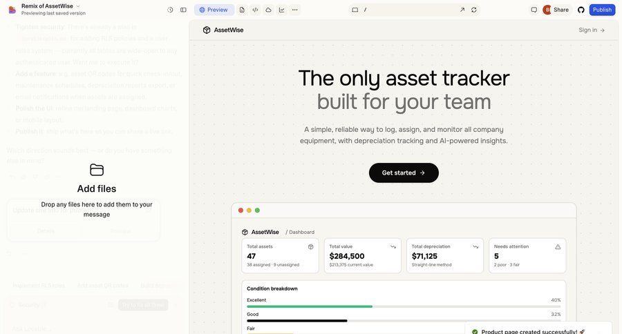 Lovable
			 collaboration dashboard sidebar navigation file upload split view drag and drop dashboard overview data display sidebar sign in navigation bar data visualization progress bar modern review ui page example
