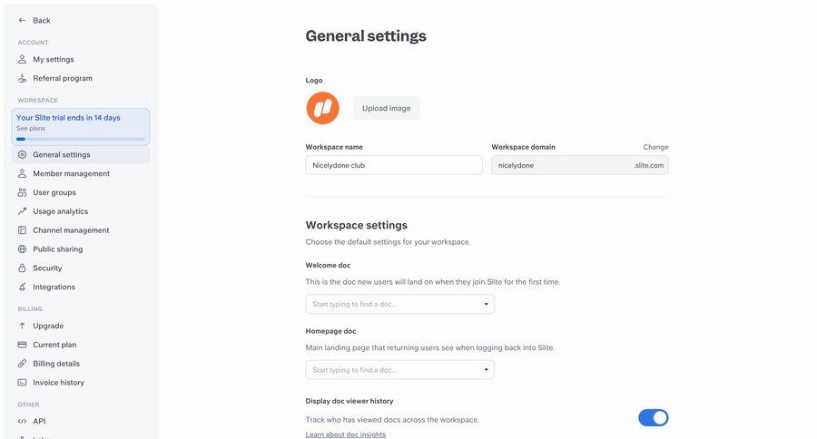 Slite
			 settings form workspace settings upload image configuration screen ui page example