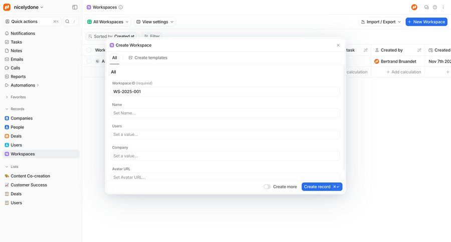 Attio
			 collaboration project management form workspace management workspace creation create ui page example