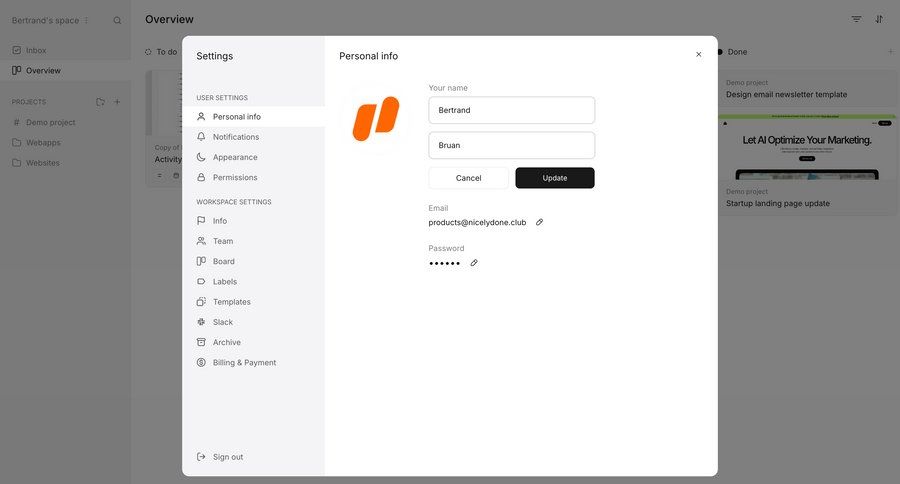 Workflow
			 settings account management form profile settings cancel action menu ui page example