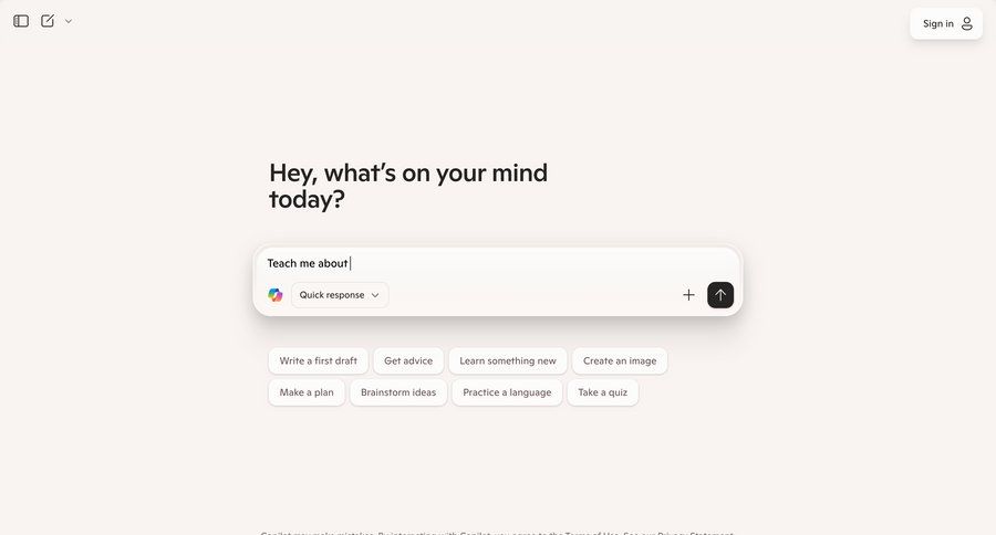 Copilot
			 artificial intelligence onboarding content discovery quick actions chat interface conversational ui page example