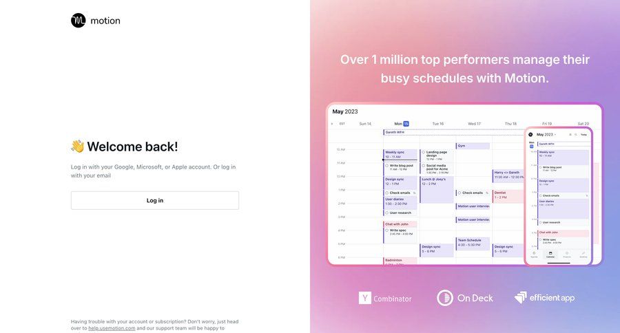 Motion
			 onboarding split screen full-screen layout calendar events content hierarchy calendar screen login connection auth signin sign in log in login page time management ui page example