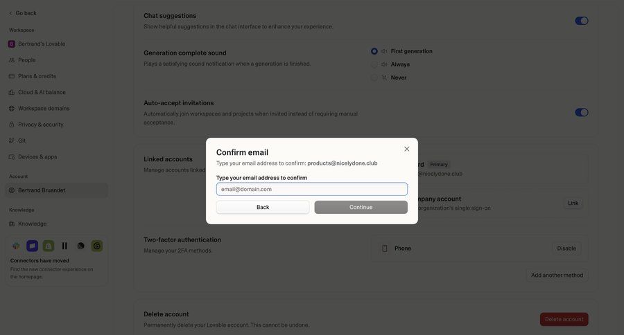 Lovable
			 account settings email confirmation workspace settings ui page example