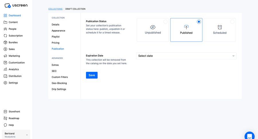 Uscreen
			 content management settings sidebar navigation form save changes content scheduling sidebar ui page example