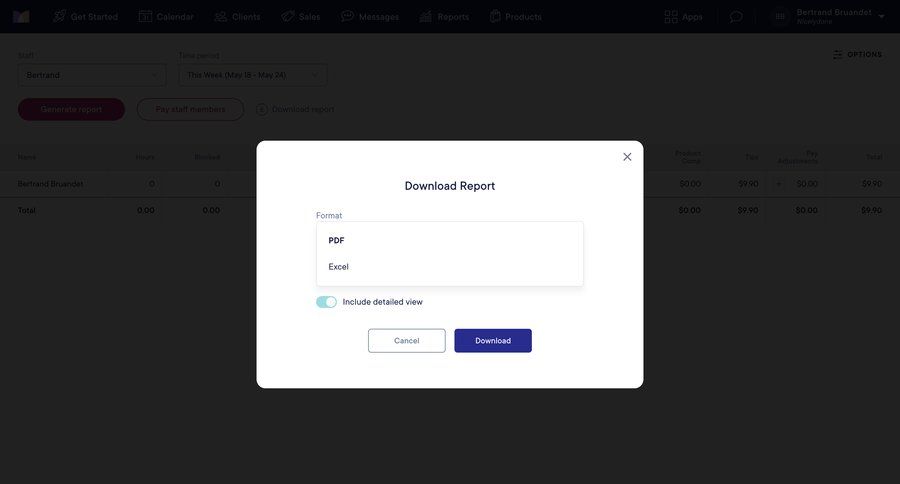 Mangomint
			detail page modal & popover export form download download report ui page example