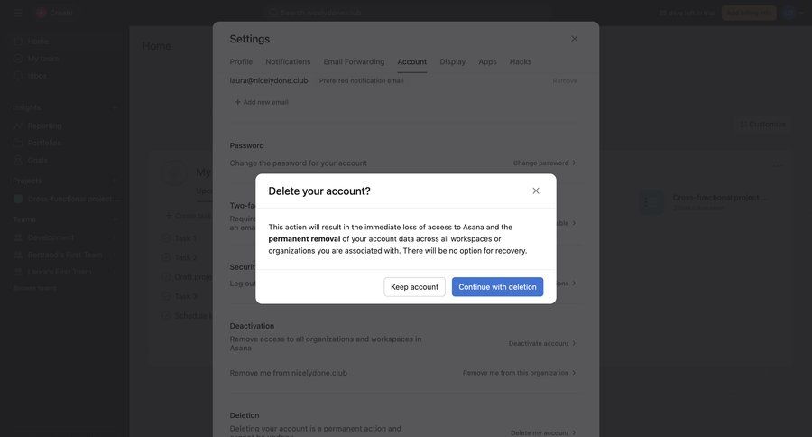 Asana
			settings delete account settings project management account management form account settings account deletion cancel deletion password management sidebar security change password user termination ui page example