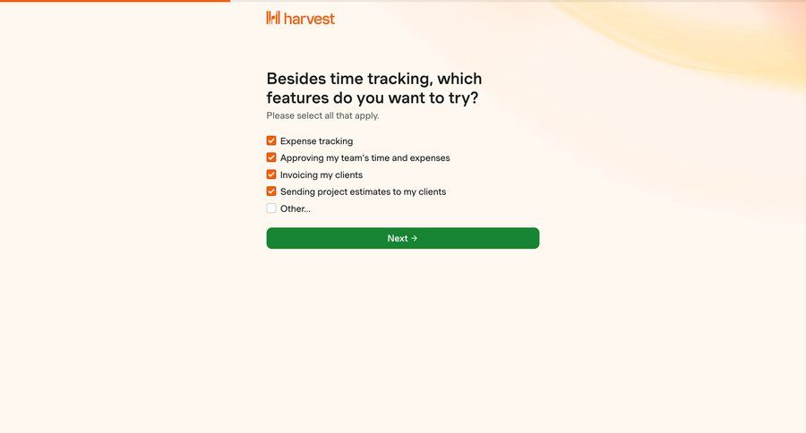 Harvest
				onboarding page example