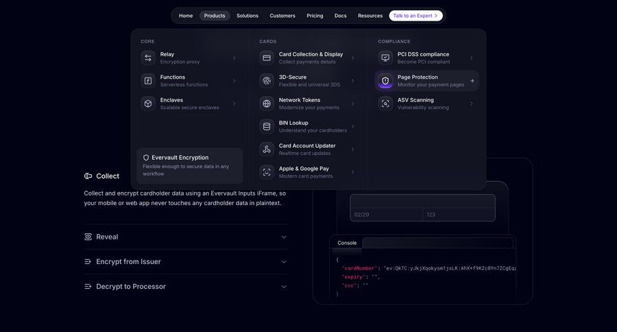 Evervault
			modal & popover api product page payment page cards ui accordion version control ui page example