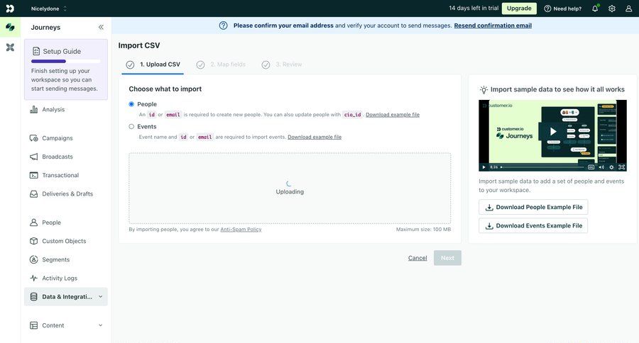 Customer.io
			 data management user management import data file upload data mapping customer engagement sidebar data import import file upload file world map progress modern email confirmation importing data toast notification ui page example