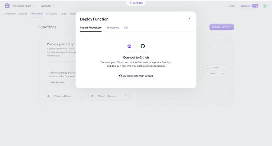Evervault
			 modal screen configuration onboarding full-screen layout upgrade modal deploy create generate import tool version control ui page example