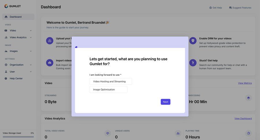 Gumlet
			 settings dashboard grid onboarding form account setup coming soon bulk import bulk upload sidebar personal space analytics ui page example