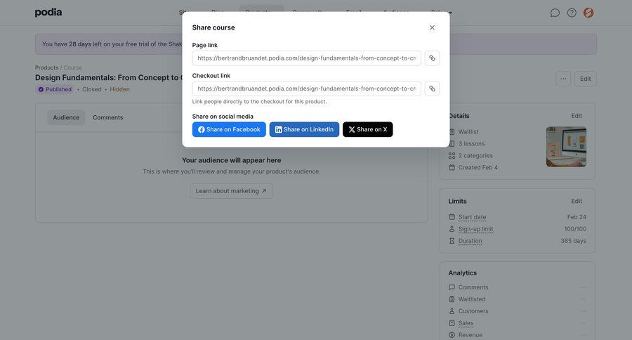 Podia
			 share modal content sharing manage links trial checkout free trial sharing ui page example