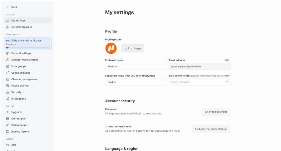 Slite
			 settings account management form user settings account settings upload image password management change password ui page example