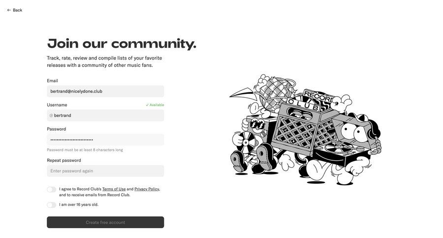 Record club
			 onboarding form account creation free account auth signup create new account register email confirmation signup confirmation ui page example