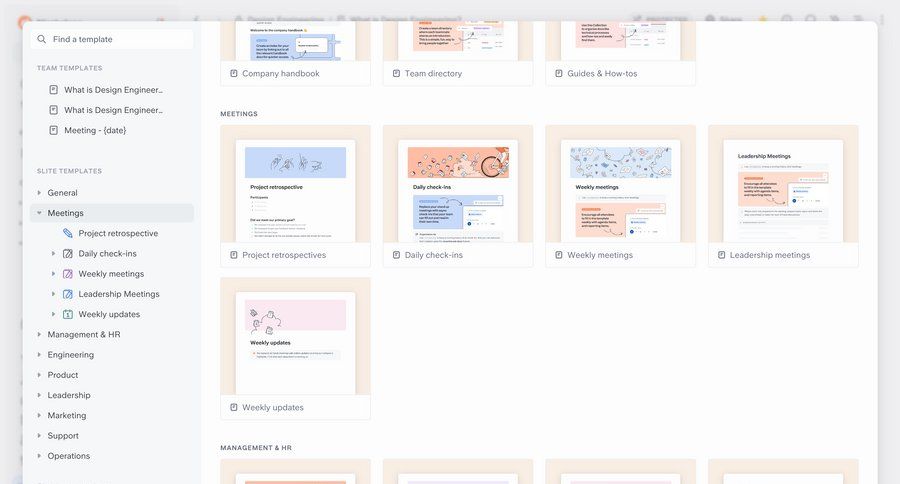 Slite
			 grid templates template library template selection sidebar menu ui page example