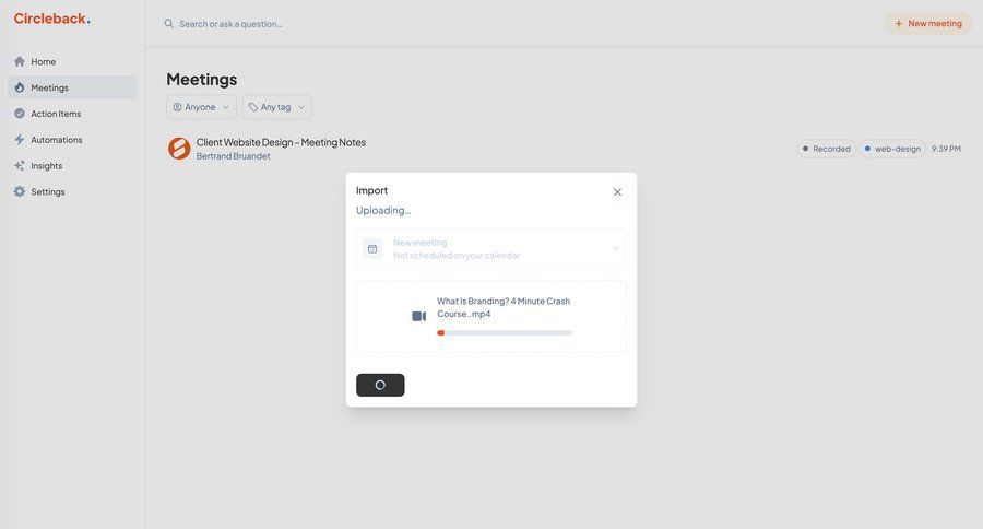 Circleback
			import modal & popover upload loading state collaboration dashboard progress indicator file upload sidebar upload file progress bar ui page example