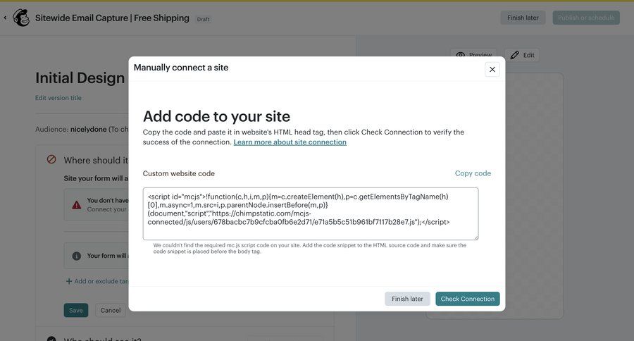 Mailchimp
			 integration setup code snippet ui page example
