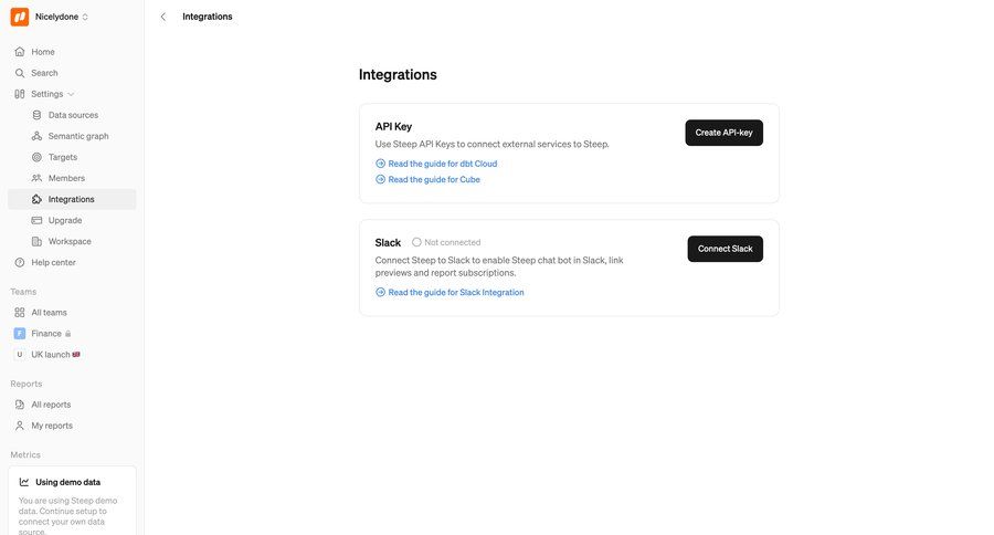 Steep
			 configuration settings sidebar navigation onboarding integration management data analytics integration connect service configuration screen ui page example