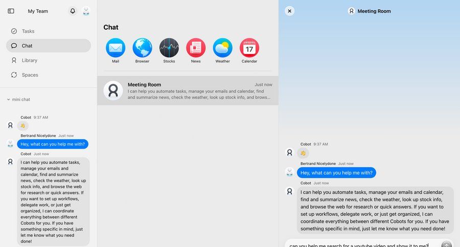 Cobot
			 artificial intelligence communication chat menu chat interface ui page example