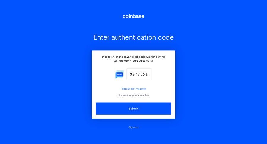 Coinbase
			 authentication user authentication form security finance 2fa mfa ui page example