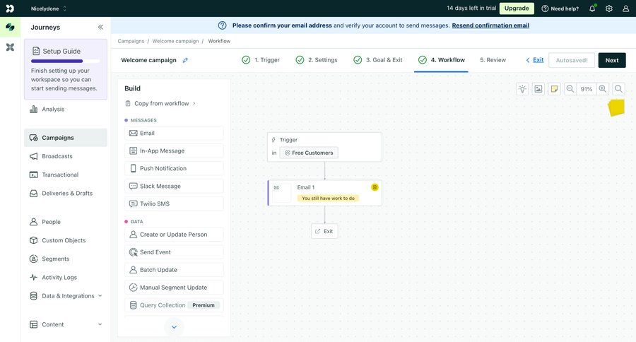 Customer.io
			 sidebar navigation workflow workflow builder workflow automation marketing automation drag and drop customer engagement workflow screen content blocks campaign management trial checkout deploy sidebar create progress progress bar modern email confirmation campaign creation ui page example