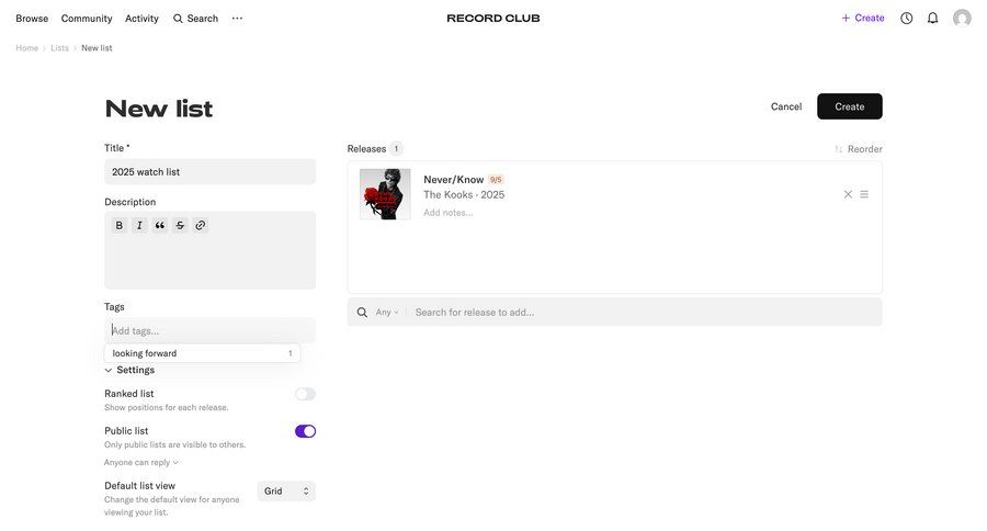 Record club
			 content management settings form list management tagging privacy settings new lists create generate autocomplete ui page example