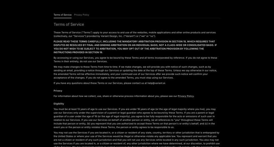 Variant
				terms & conditions ui page example