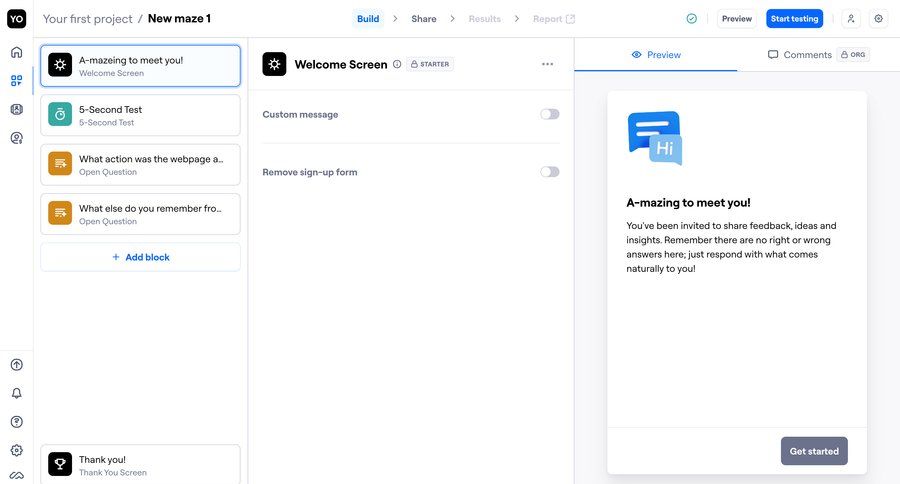 Maze
			 sidebar navigation user research feedback collection three-column grid preview panel sidebar modern ui page example