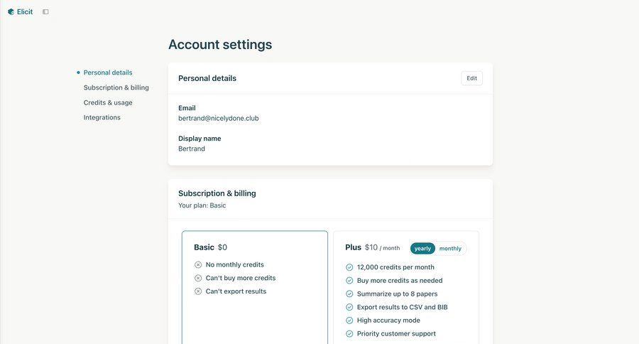 Elicit
			 settings sidebar navigation account management account settings subscription management integration setup integration management minimalist design content blocks billing history credits buy credits user profile integration modern ui page example