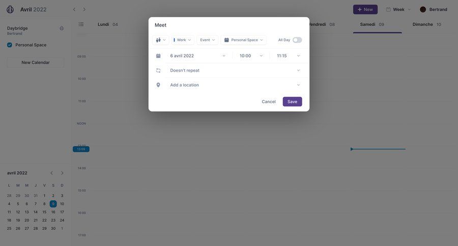 Daybridge
			 scheduling meetings calendar screen sidebar date picker time picker time management ui page example