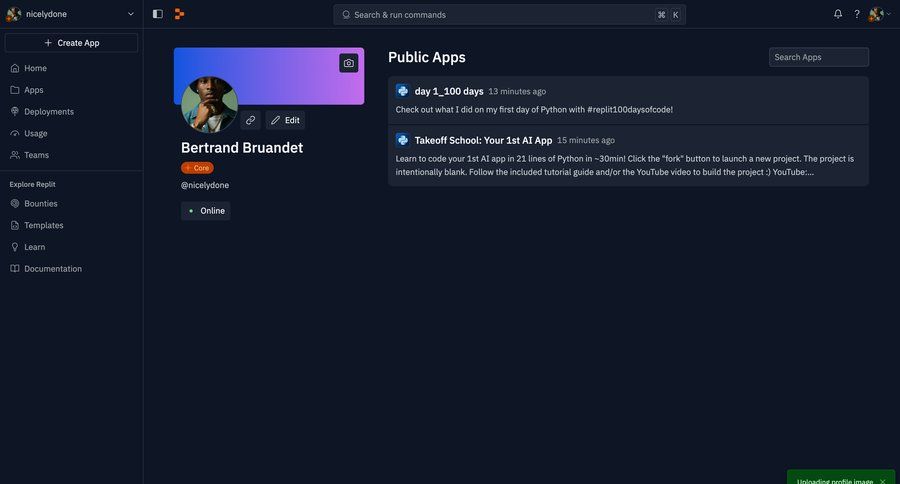 Replit
			 sidebar navigation account setup content sharing content discovery profile management sidebar user profile user menu recent activity social feed newsfeed activity stream user termination profile page check out toast notification avatar upload ui page example