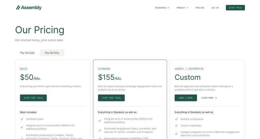 Assembly
			 content scheduling payment history service plans pricing plans subscription plans price payment options case studies payment page payment confirmation connect service pricing packages pricing calculator saas pricing ui page example