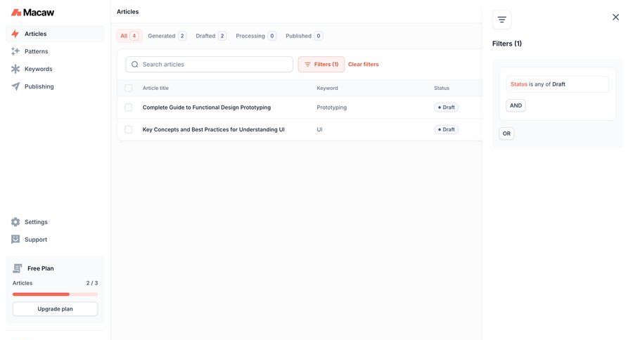 Macaw
			 content management sidebar navigation free plan dropdown filters sidebar filter options filter ui progress bar table option menu controls search menu ui page example