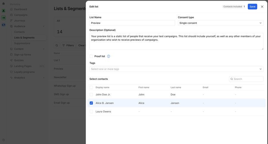 Bird
			 list management marketing automation ui page example