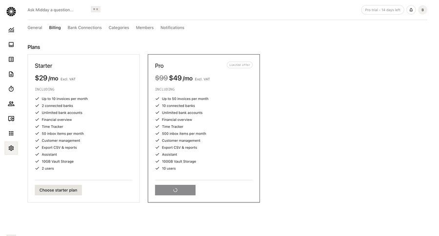 Midday
			 finance subscription management plan comparison pricing plans ui page example