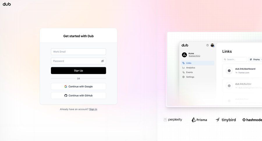 Dub
			 dashboard onboarding form split screen account creation manage links sidebar auth log in create signup create new account register analytics ui page example