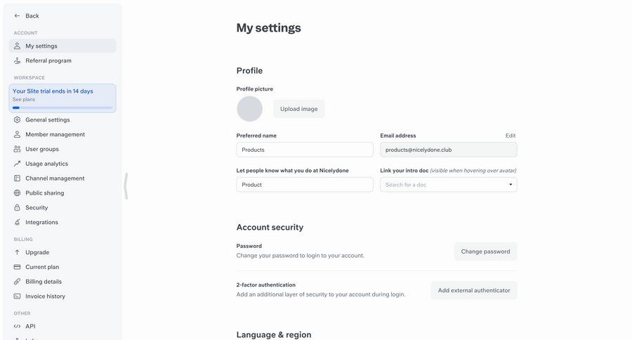 Slite
			profile settings account settings workspace settings billing settings settings account management form account security upload image password management sidebar security user change password ui page example