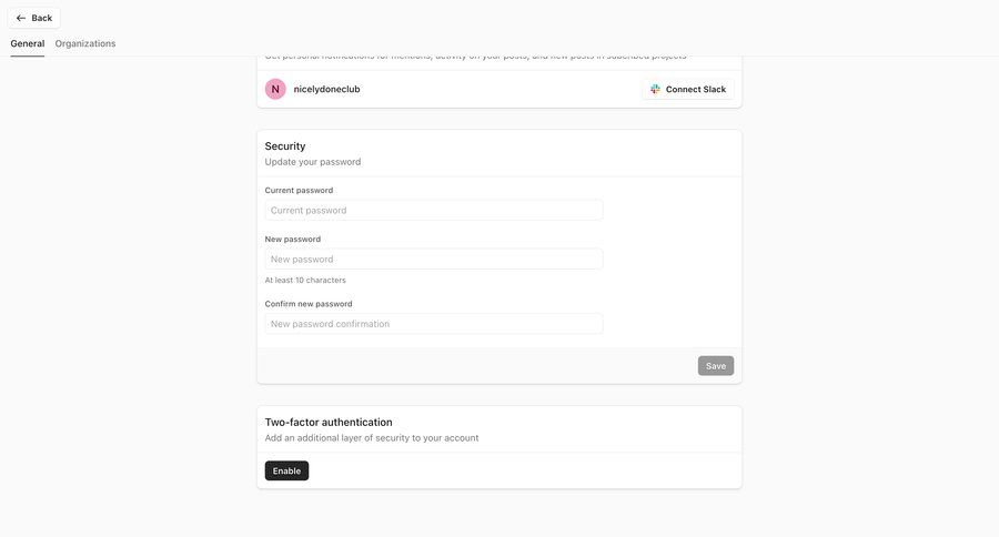Campsite
			 settings account management form user settings account security authentication security password update mfa ui page example