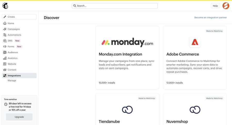 Mailchimp
			 sidebar navigation trial banner ui page example