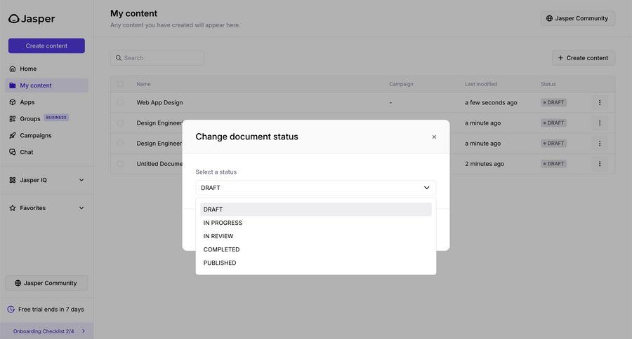 Jasper
			 modal screen content management workflow sidebar table ui page example