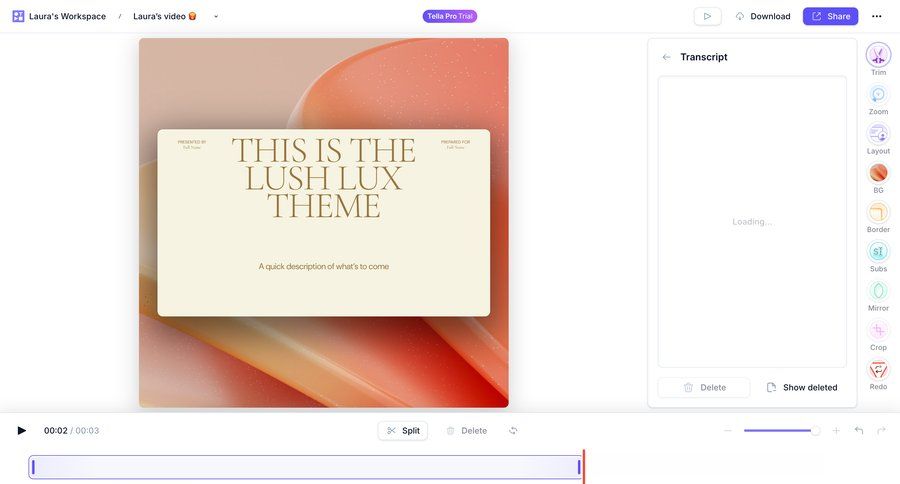 Tella
			 content management sidebar navigation split screen rounded corners video editor trial checkout call transcript sidebar menu progress loading transcript ui page example