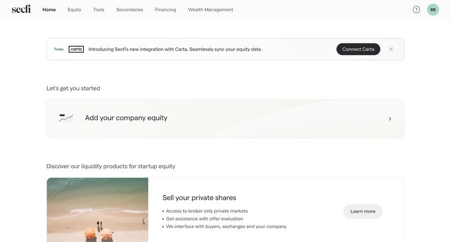 Secfi
			 grid fintech navigation bar modern connect service suggestion ui page example
