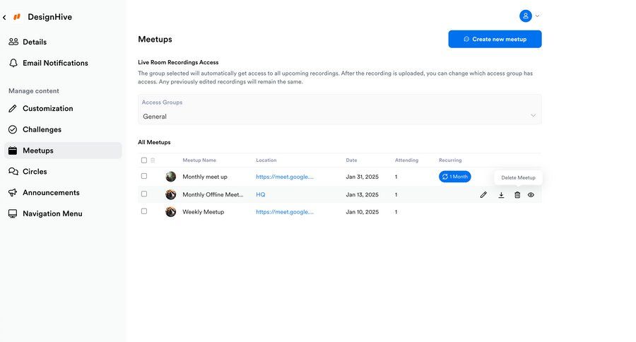 Kajabi
			 collaboration settings sidebar navigation access control list management scheduling meetings call recording sidebar announcement table ui page example