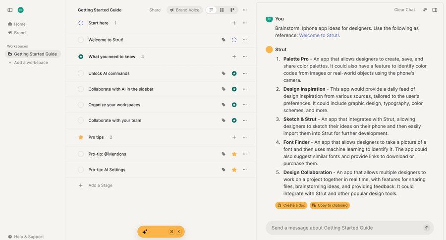 Strut
			list messaging tooltip artificial intelligence collaboration team collaboration dashboard sidebar navigation project management onboarding project setup workspace management split view getting started typography color palette call intelligence sidebar communication chat menu tip chat interface ui page example