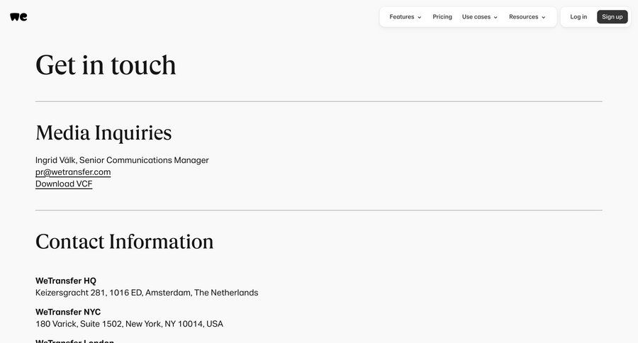 WeTransfer
			contact contact us download report newsletter signup ui page example